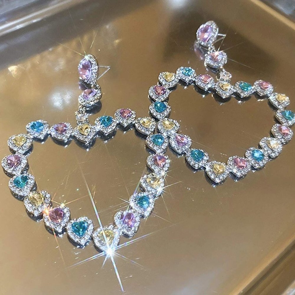 Boho Womens Rhinestone Heart Decor Earrings Silver